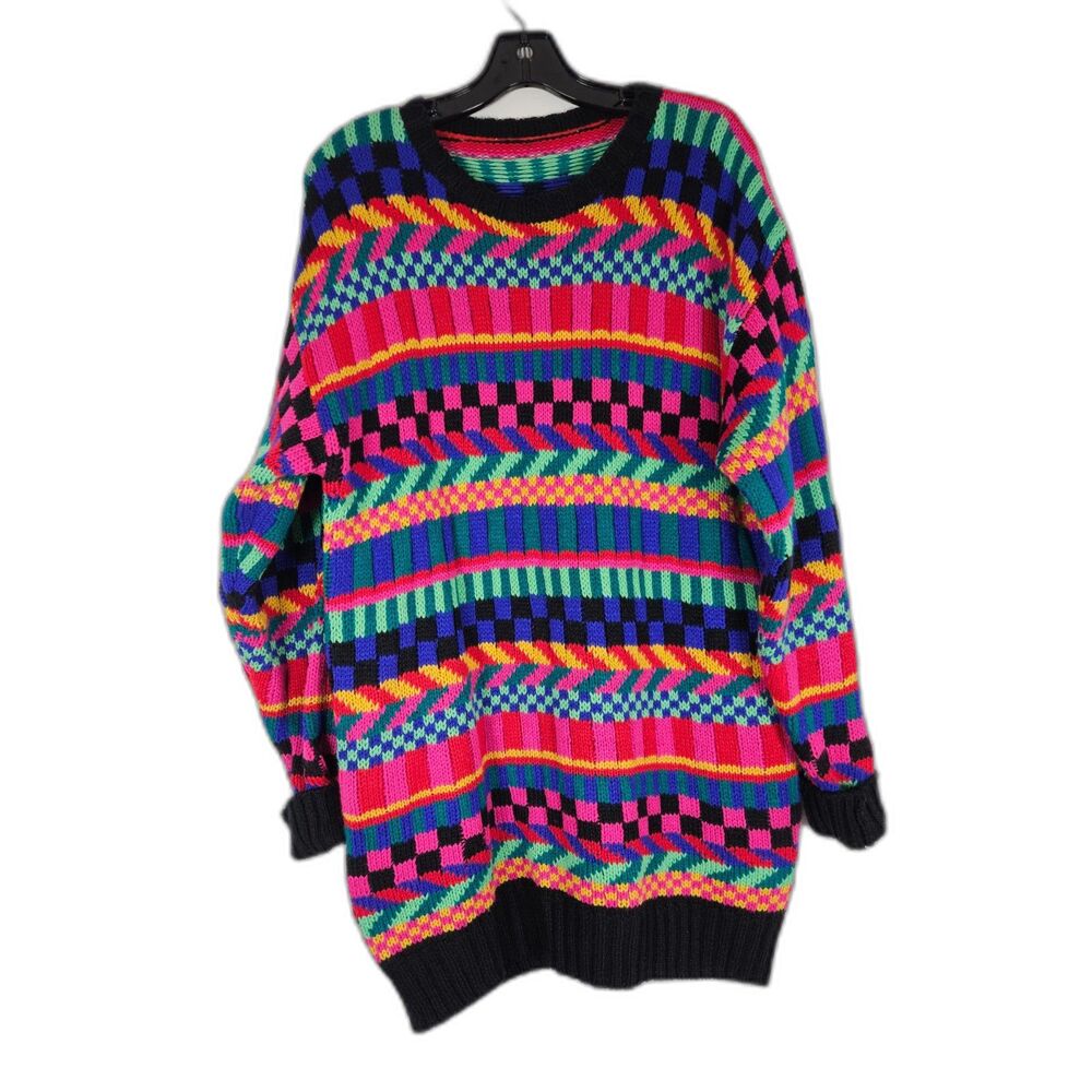 Vintage 90s Hand Knit Chunky Neon Sweater Geometric Block Print Oversized L/XL